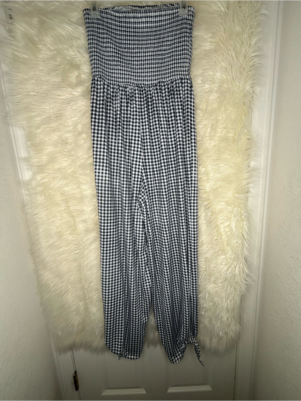 emory park Black & White Gingham Strapless Wide-Leg Jumpsuit